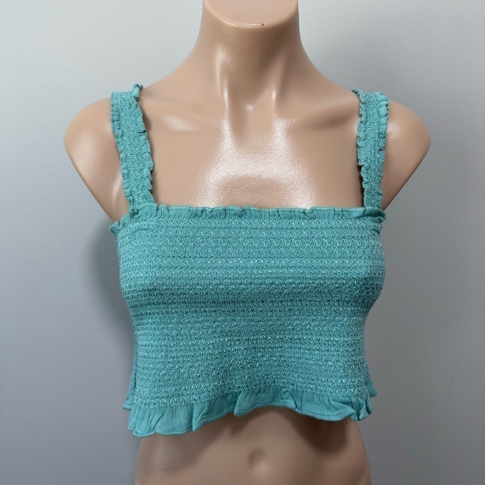 Free People Smocked Crop Tank Top Ruffle Blue Large